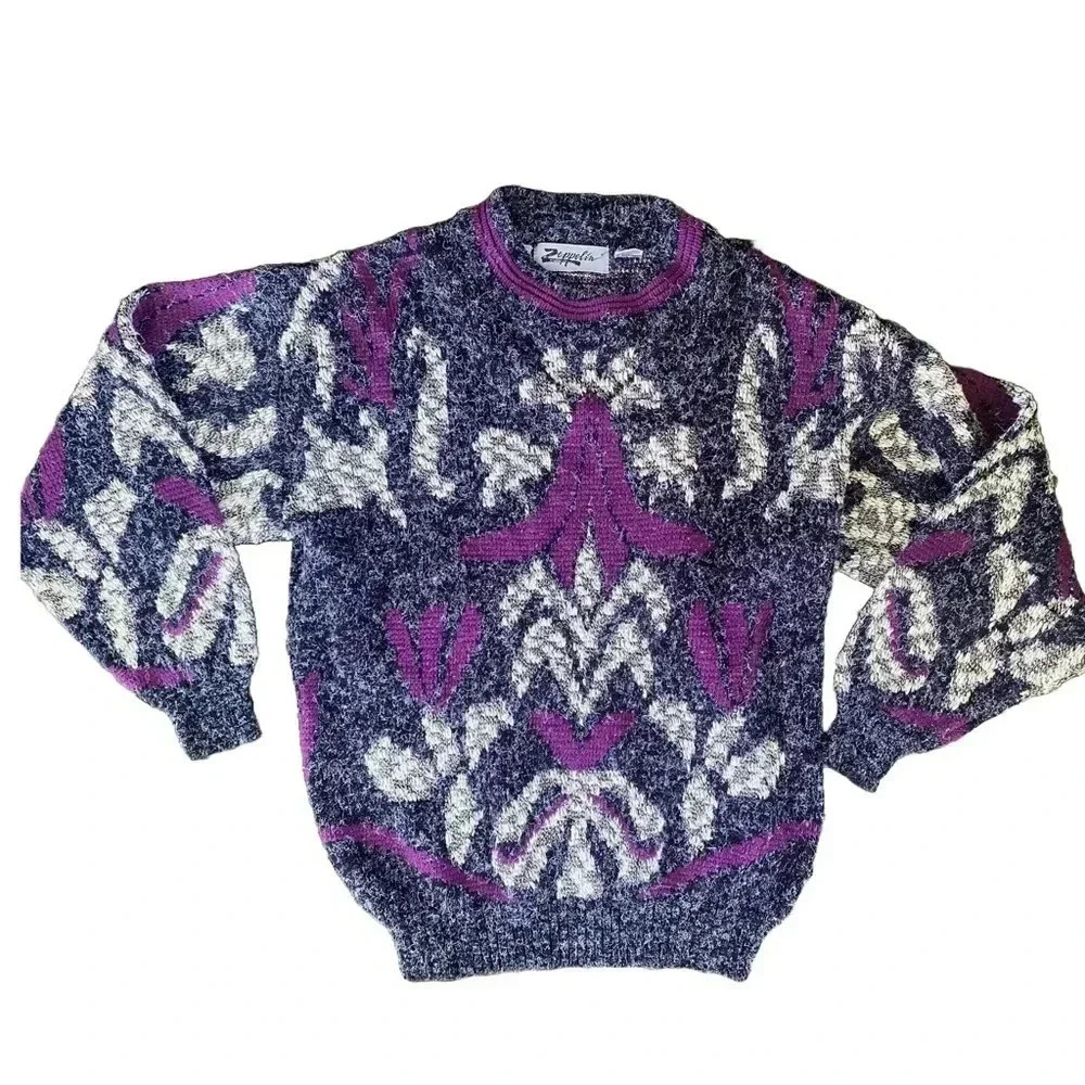 Vintage ZEPPELIN 80s men’s sweater sz M purple grey abstract retro acrylic EUC